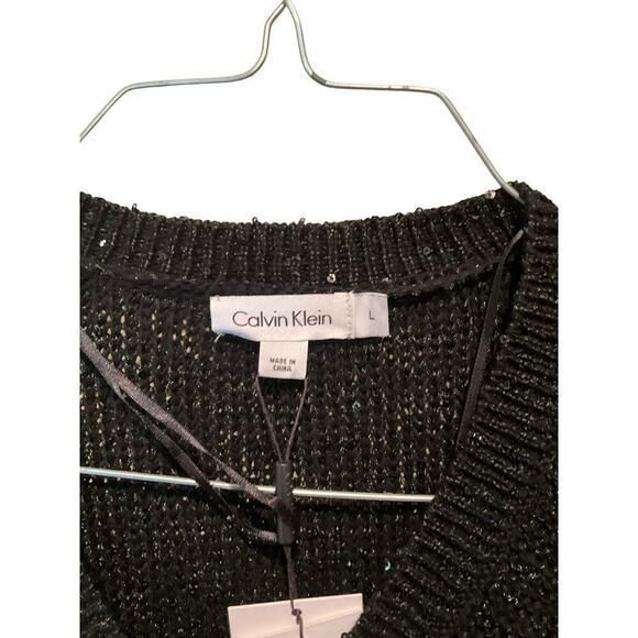 Calvin Klein Tunic Blouse Sweater Women's Large Black Polyester Knit Beaded - Picture 3 of 5